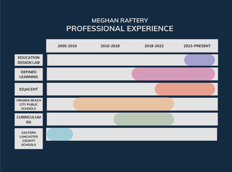 Meghan Raftery professional experience timeline chart, showing roles from 2005 to present across six organizations
