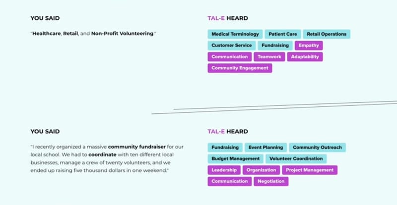TAL-E skill recognition interface showing two examples: user input describing healthcare and retail experience on the left, with color-coded skill tags identified by the tool on the right