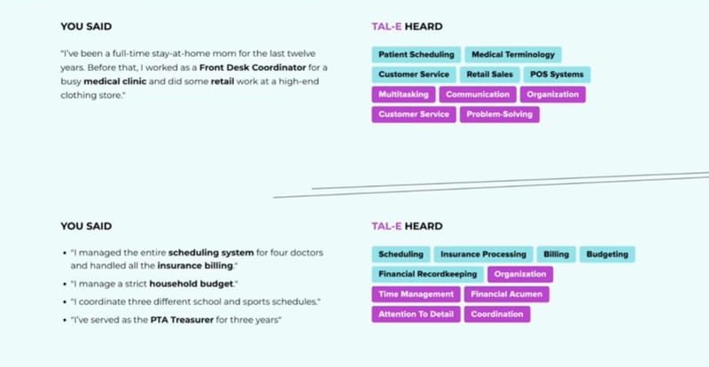 TAL-E skill recognition interface showing two examples: a stay-at-home mom describing clinic and retail work, with patient scheduling and customer service skills extracted on the right