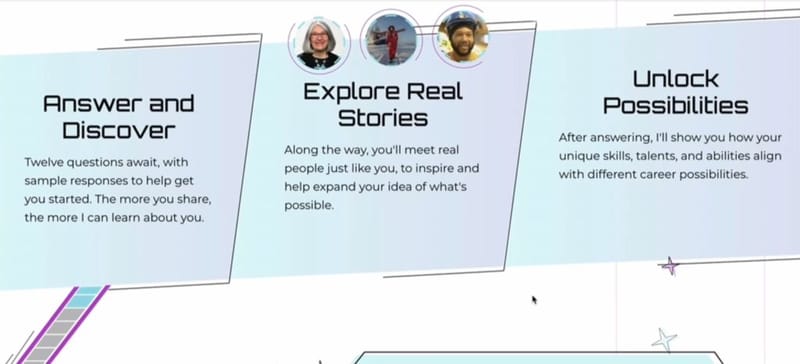 TAL-E onboarding screen with three feature panels: Answer and Discover, Explore Real Stories with circular user avatars, and Unlock Possibilities, on a light blue background